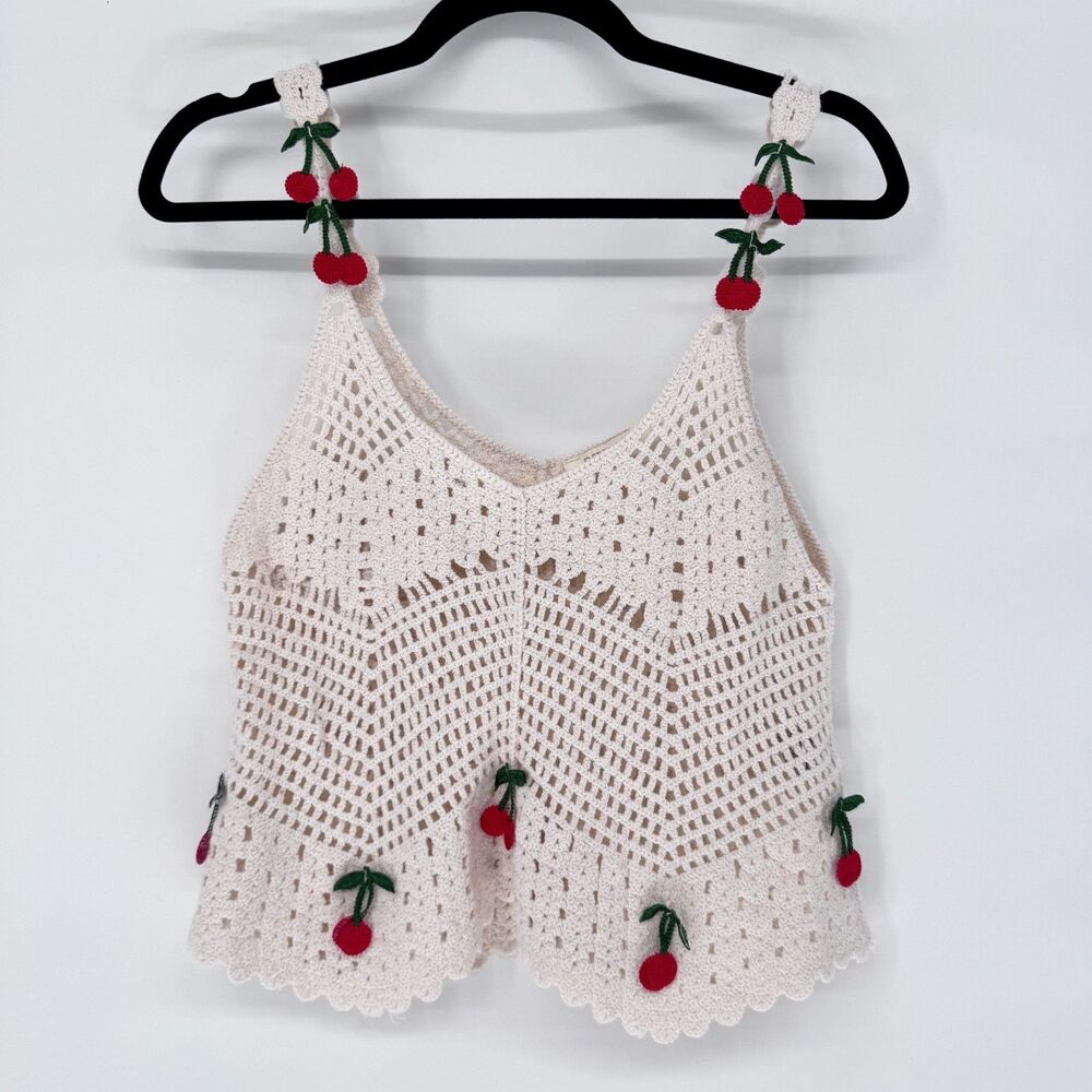 Crochet Cherry Y2K Tank Top Cream Cottagecore Boho Womens XS Cotton
